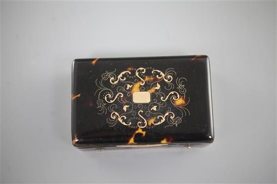 An early 20th century tortoiseshell piqué and gold banded musical box, 3.5in.